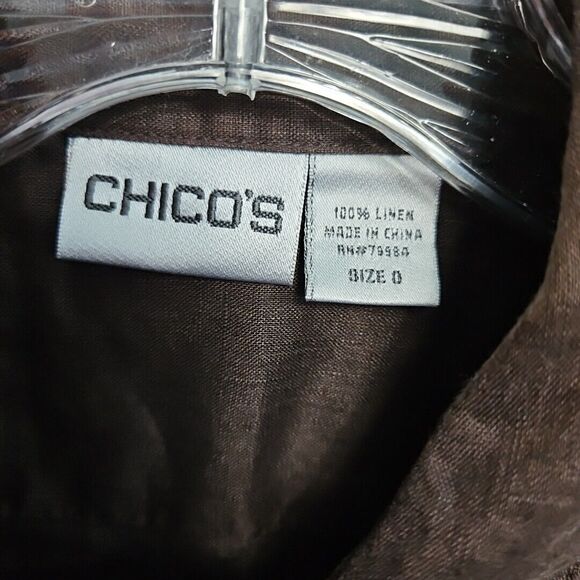 Chico's Sz O Small Linen Blouse tunic brown roll tab sleeve - Picture 3 of 11